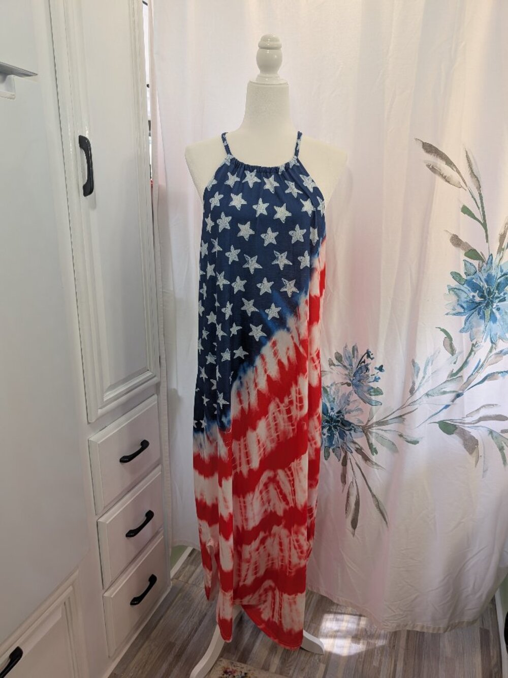 For G and PL Women's Red White & Blue American Flag Sleeveless Maxi Dress Size L